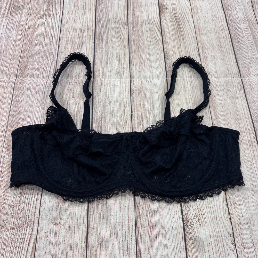 Savage X Fenty Black Lace Ruffle Balconette Bra Underwire Unlined 42DD